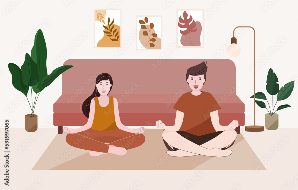 Couple activity, Happy couple practice yoga with lotus position in living room interior, free space and fresh air. Lover doing exercises together, family yoga asana fitness and relaxing. Couple activity, Happy couple practice yoga with lotus position in living room interior, free space and fresh air. Lover doing exercises together, family yoga asana fitness and relaxing.