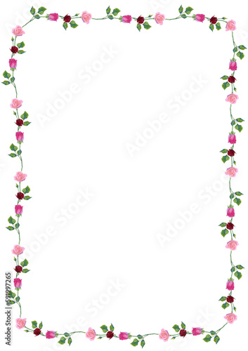 Vector background with pink roses flowers and green leaves.
