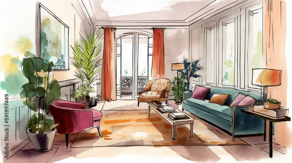 Fototapeta premium Bright and cozy drawing interior. Living room design created with generative ai tools