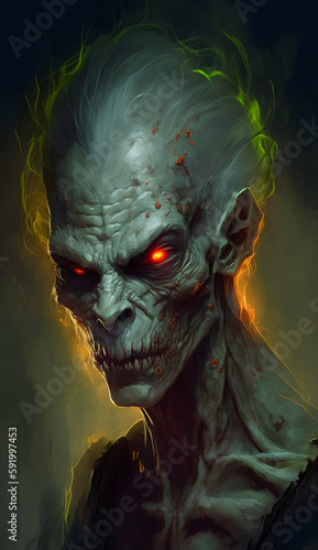 Portrait of a ghoul monster with red glowing eyes.