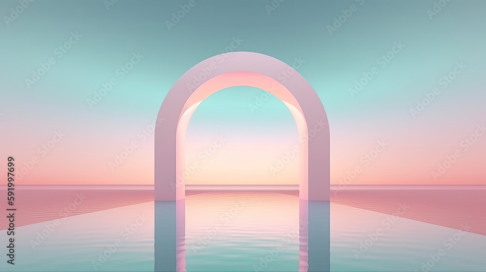 Surreal 3D oval portal reflected in water in a futuristic twilight pink fantasy landscape. Generative AI