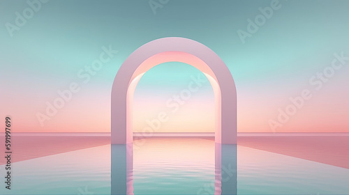 Obraz na płótnie Surreal 3D oval portal reflected in water in a futuristic twilight pink fantasy landscape. Generative AI w salonie