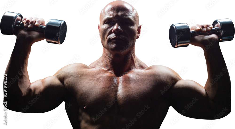 Portrait of man exercising with dumbbells