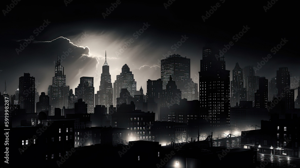 city skyline at night, film noir - by generative ai