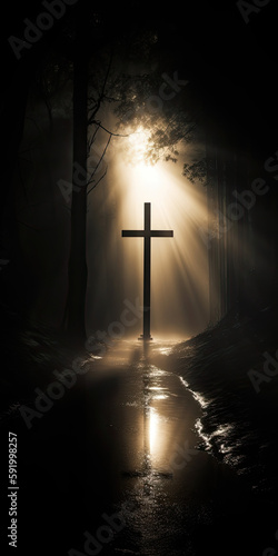 cross in the dark, ray of light - by generative ai
