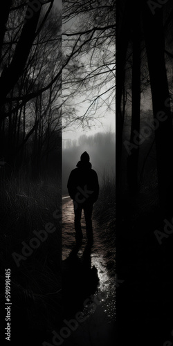 silhouette of a man in the woods, film noir - by generative ai