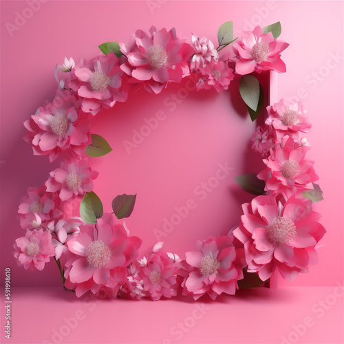 Blooming flowers circle, beautiful pink flowers with round frame for copy space, generativ ai © Irina Flamingo
