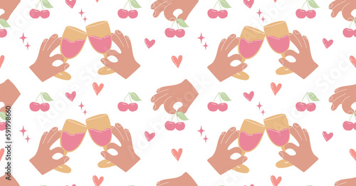 Cartoon hands with wine glasses and cherries on white background seamless pattern.