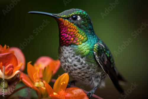 Colorful fiery-throated hummingbird perched on a tree branch in the rainforest, surrounded by tropical flora and fauna. AI Generative