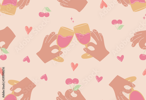 Two glasses with wine and hand with cherry seamless pattern. Celebrate concept cartoon vector illustration.