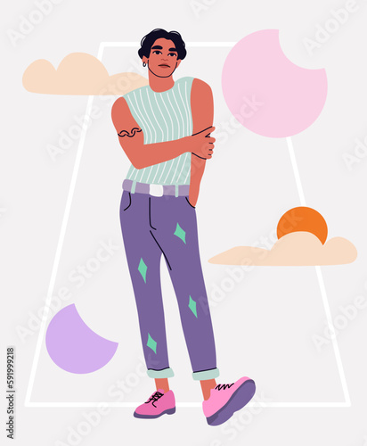 Handsome man full-height portrait in fashionable clothes, retro-futuristic background. A concept of positive masculinity.