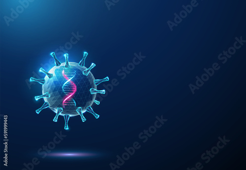 Abstract blue virus with purple 3d DNA molecule helix inside