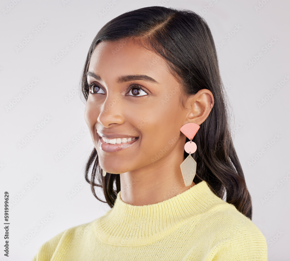 Face, thinking and smile with a woman on a white background in studio closeup to decide on a choice. Head, idea and happy with an attractive young female contemplating a thought about her options Face, thinking and smile with a woman on a white background in studio closeup to decide on a choice. Head, idea and happy with an attractive young female contemplating a thought about her options