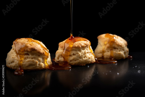 A stack of biscuits with a caramel sauce being poured over them.