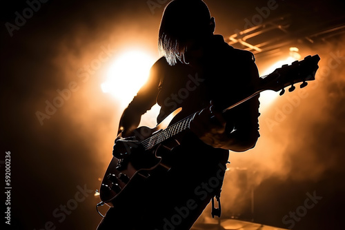 Fotografiet Silhouette of a rock guitarist on stage