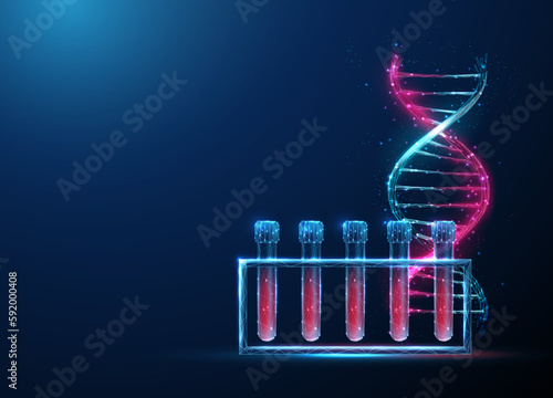 Medical test tubes with blood and DNA molecule helix
