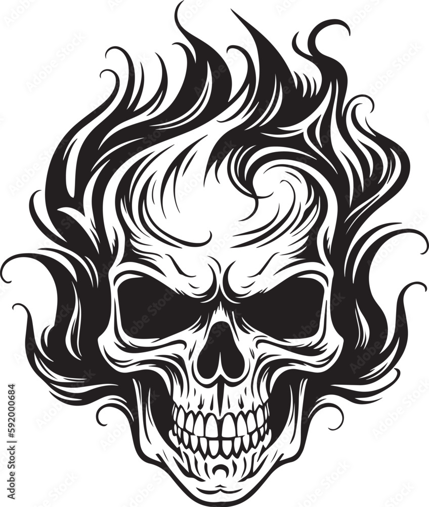 Skull with flames, burning skull, fire skull, black vector on a white background, SVG