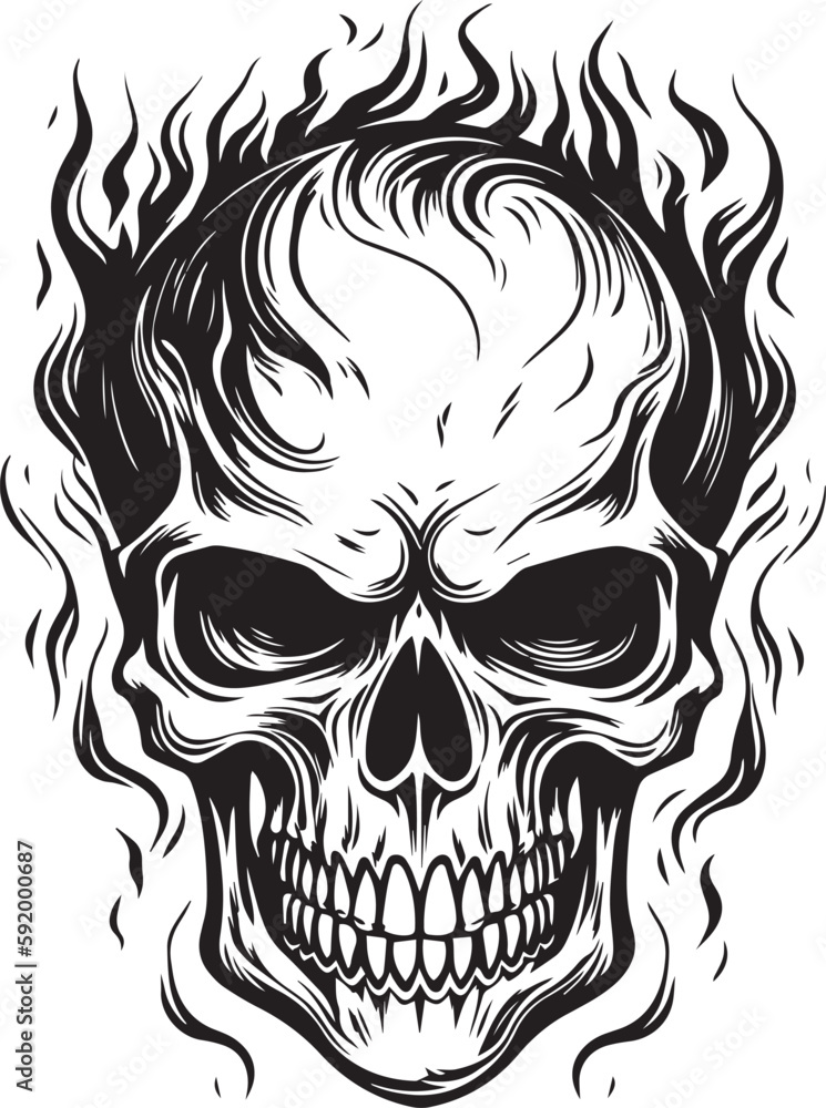 Obraz premium Skull with flames, burning skull, fire skull, black vector on a white background, SVG