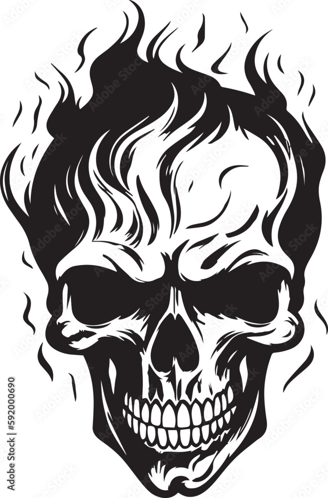 Skull with flames, burning skull, fire skull, black vector on a white background, SVG