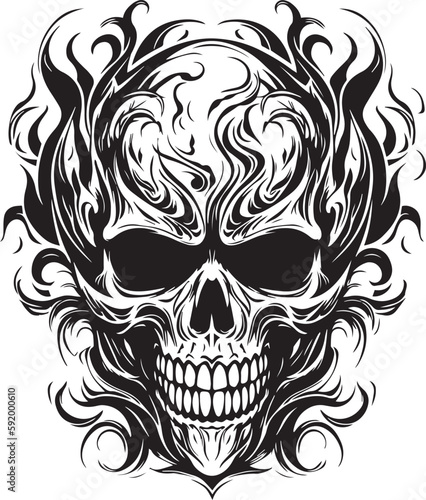 Skull with flames, burning skull, fire skull, black vector on a white background, SVG