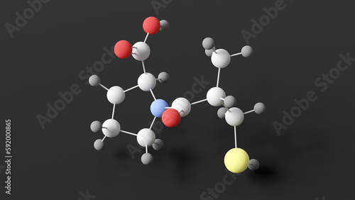 captopril molecule, molecular structure, Angiotensin-Converting Enzyme Inhibitors, ball and stick 3d model, structural chemical formula with colored atoms photo