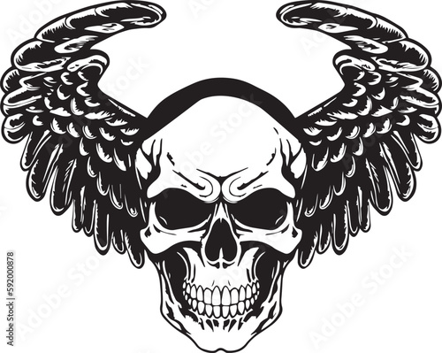 Skull with wings black vector illustration on a white background, SVG