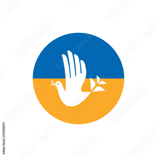 Dove of Peace Hand Drawn Vector Abstract Illustration. Round Geometric Ukrainian flag Background with Bird. Glory to Ukraine and Pray. Stop War. Freedom.