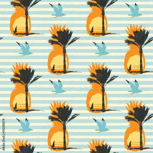 Vector Seamless pattern on the theme of sea summer recreation with silhouettes of pineapples, palm trees and surfers at sunset or sunrise on a blue striped backdrop. Travel background in retro style