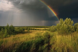 Rainbow over stormy sky. Rural landscape with rainbow over dark stormy sky in a countryside at summer day. created with Generative AI technology