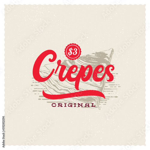 Hand drawn vector french dessert crepes berries sketch. Abstract Sign, Symbol or Logo Template. Hand Drawn Sweet with Typography. Bakery Vector Emblem Concept. Fresh sweet breakfast pastries.