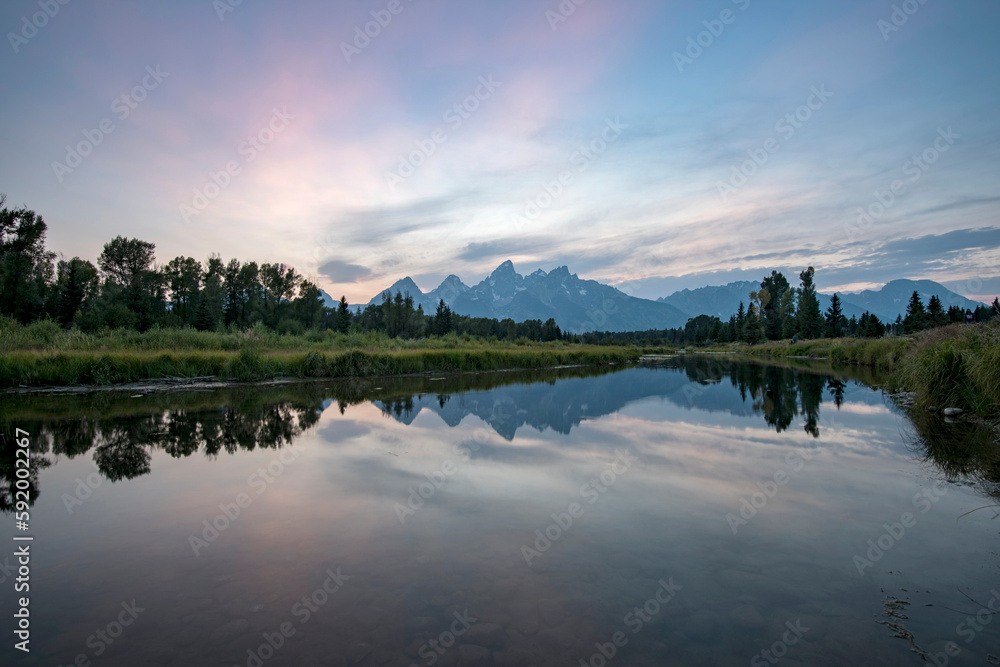 Schwabachers Landing in the Snake River flood plain at sunset; Jackson, Wyoming, United States of America Schwabachers Landing in the Snake River flood plain at sunset; Jackson, Wyoming, United States of America