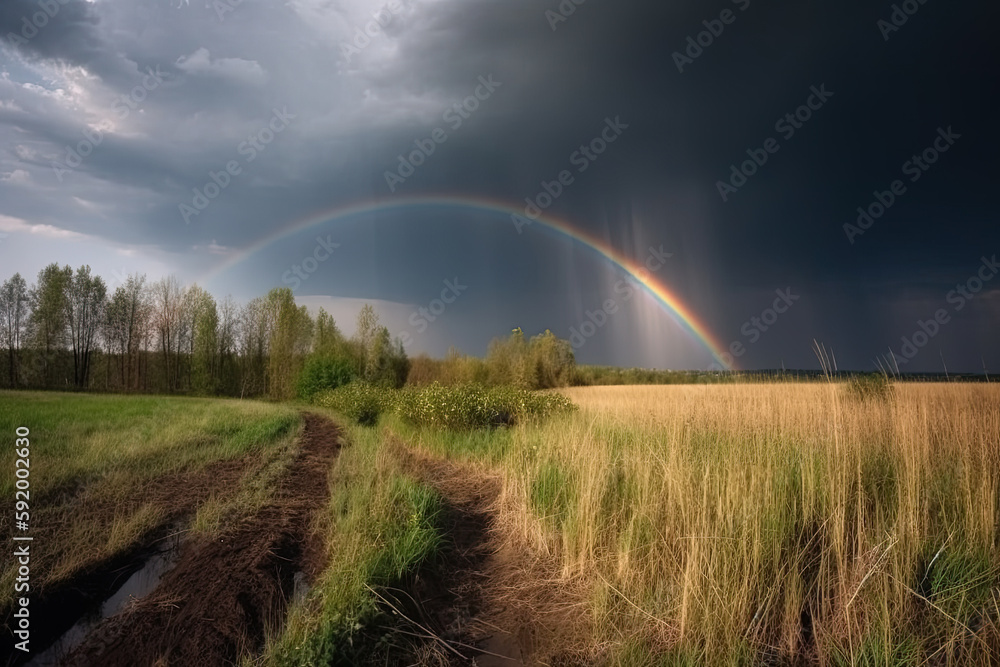 Rainbow over stormy sky. Rural landscape with rainbow over dark stormy sky in a countryside at summer day. created with Generative AI technology Rainbow over stormy sky. Rural landscape with rainbow over dark stormy sky in a countryside at summer day. created with Generative AI technology