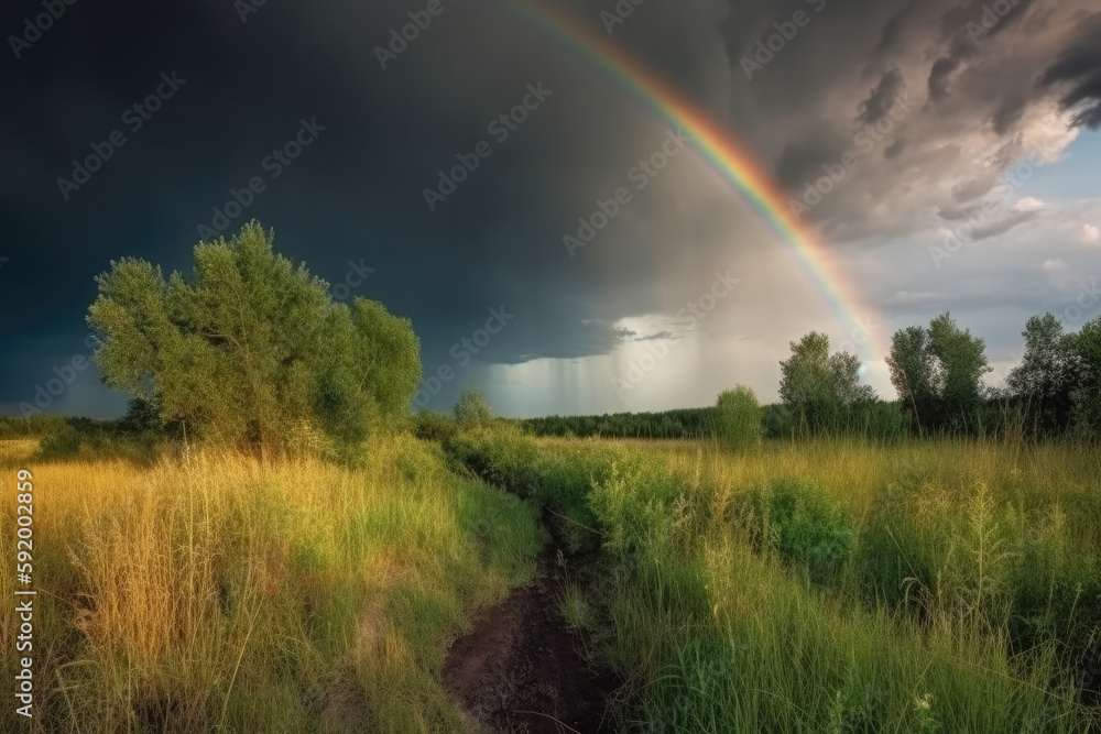 Naklejka premium Rainbow over stormy sky. Rural landscape with rainbow over dark stormy sky in a countryside at summer day. created with Generative AI technology