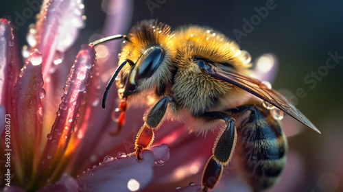 A bee on red flower collects pollen. Generative AI illustration