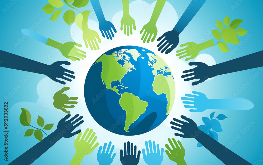 Naklejka premium Diverse hands circle the globe, a symbol of unity in environmental protection and the spirit of World Environment Day