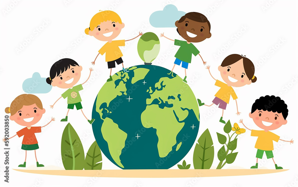 Children of diverse backgrounds stand around the Earth, representing unity and hope on World Environment Day Children of diverse backgrounds stand around the Earth, representing unity and hope on World Environment Day