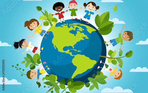 Children from around the world encircle a green Earth, a hopeful vision for World Environment Day's global unity