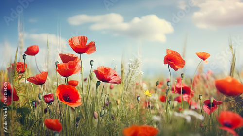 Flowering beautiful poppies in the meadow. Midsummer natural banner with poppies flowers. Generative AI illustration
