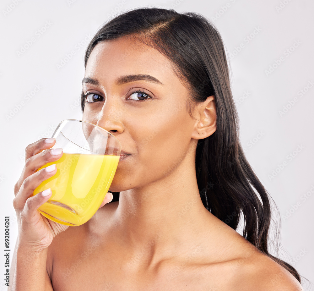 Woman, drinking juice and health with nutrition and portrait, healthy drink and diet on studio background. Weight loss, organic and freshly squeezed beverage with female, wellness and lifestyle Woman, drinking juice and health with nutrition and portrait, healthy drink and diet on studio background. Weight loss, organic and freshly squeezed beverage with female, wellness and lifestyle