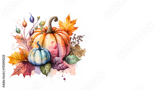 Thanksgiving Day. Pumpkins on a white background. Pumpkins. Banner. Watercola. Generative AI