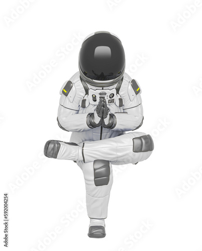master astronaut is doing a namaste yoga pose