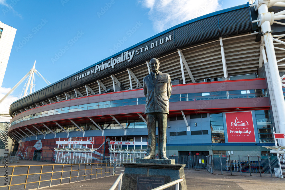 Statue of Sir Tasker Watkins at the Cardiff millennium stadium, UK Stock Photo Adobe Stock