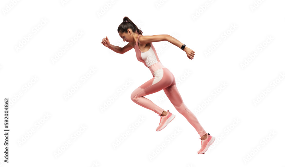 Sporty young woman running. Full length profile photo of lady jump high up training marathon finish line wear sports suit shoes isolated on transparent background