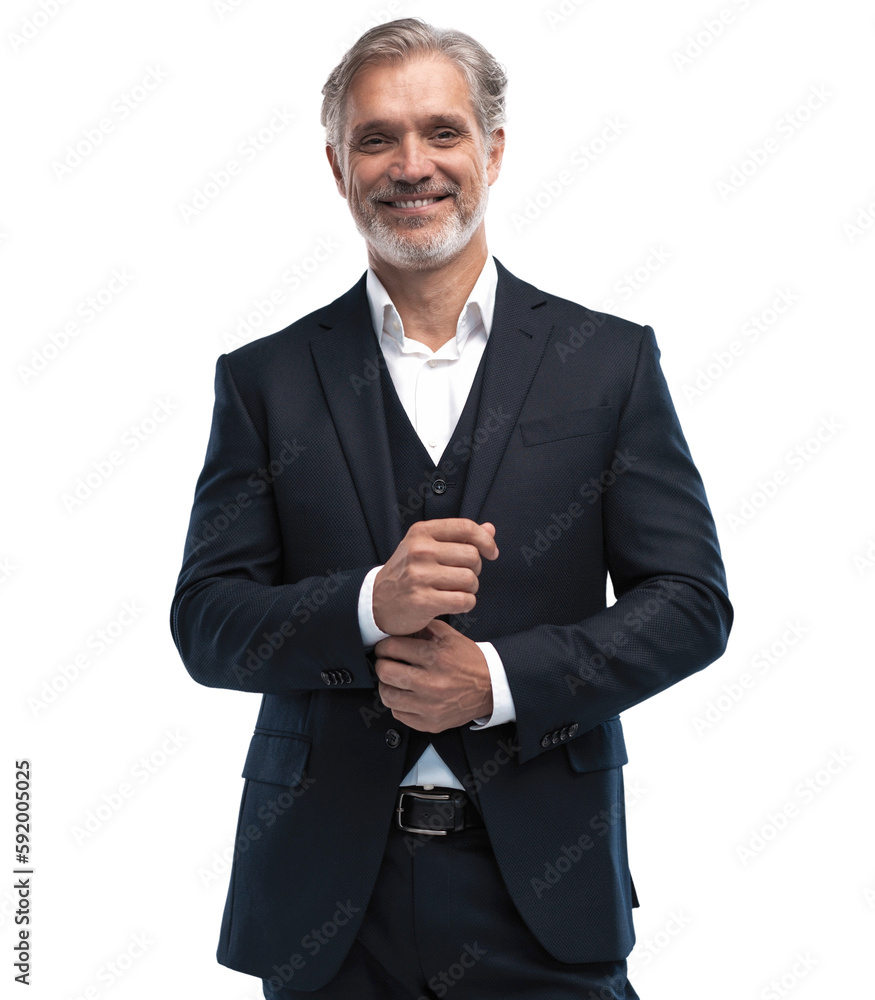 Handsome middle-aged man in suit posing against transparent background with copy space Handsome middle-aged man in suit posing against transparent background with copy space