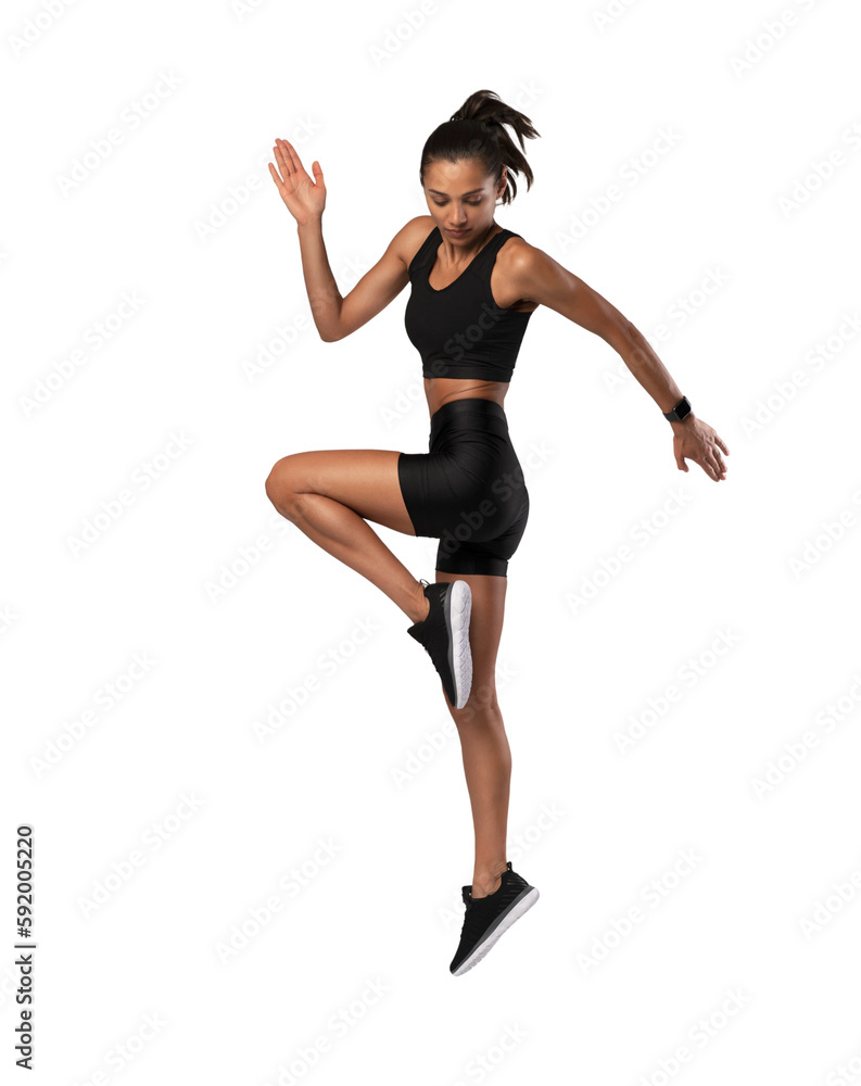 Fitness woman doing cardio interval training. Side view of athletic female model jumping on transparent background, warm-up before workout and jogging.