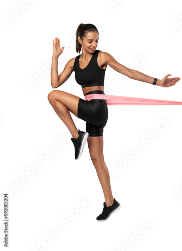 Sportswoman exercising with resistance band. Female with working out with elastic band on transparent background © opolja
