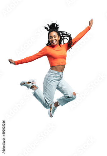 Fotografia Excited happy pretty girl in casual jeans clothes high jump with raised hands an