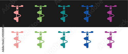 Set Hand ice drill for winter fishing icon isolated on black and white background. Vector