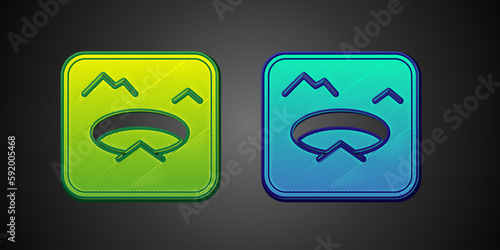 Green and blue Winter fishing icon isolated on black background. Round ice frame. Hole in ice. Vector