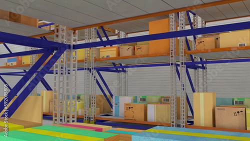 Warehouse with iron racks and boxes on them. 3d render